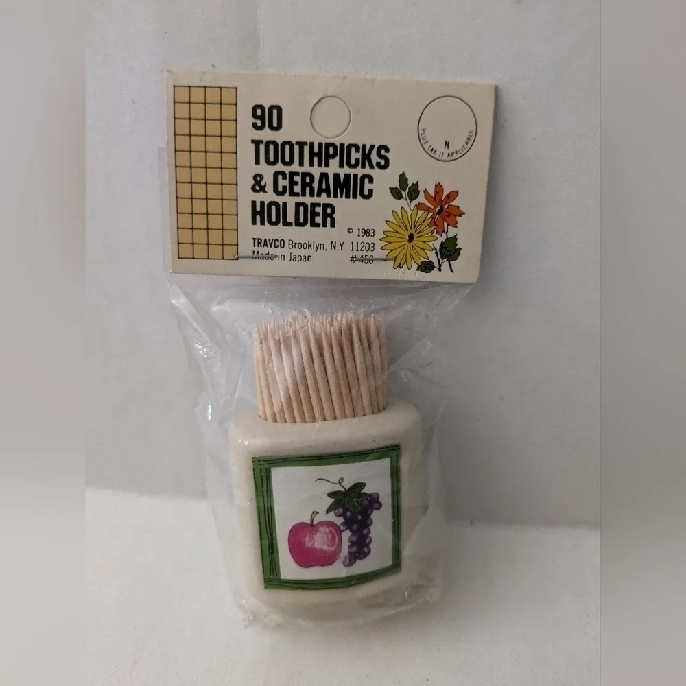 Vintage Travco toothpicks with holder. New old stock. Apple and grapes